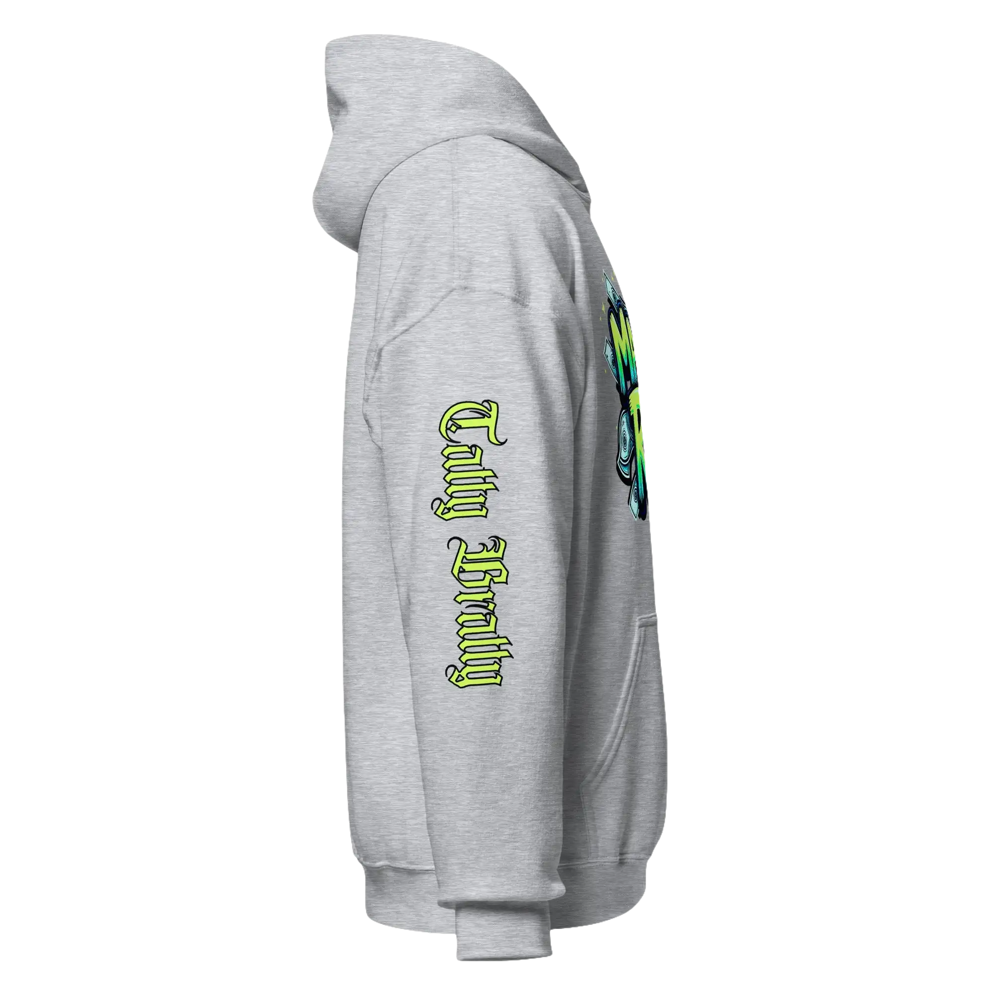 Gray hooded sweatshirt.