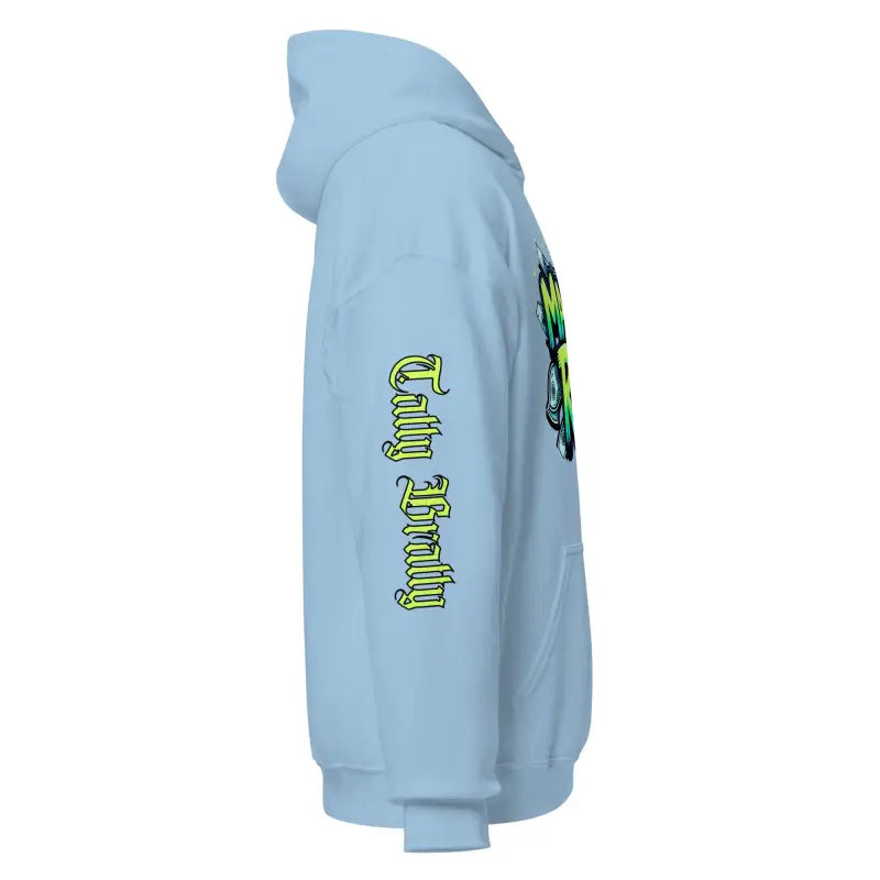 Light blue hoodie.