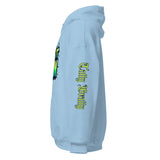 Light blue hoodie.