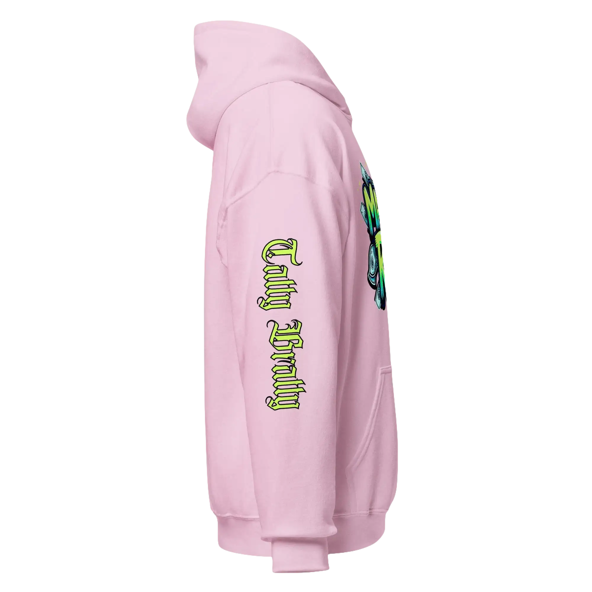 Pink hoodie with graphic.