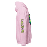 Pink hoodie with graphic.