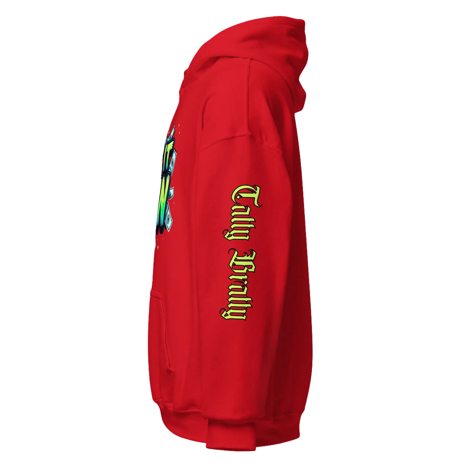 Red hoodie with graphic design.