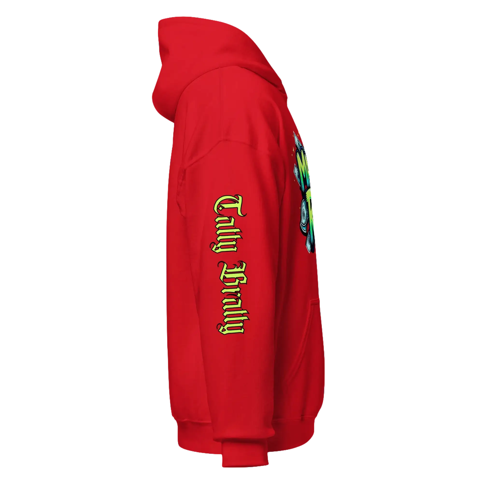 Red hoodie with sleeve graphic.