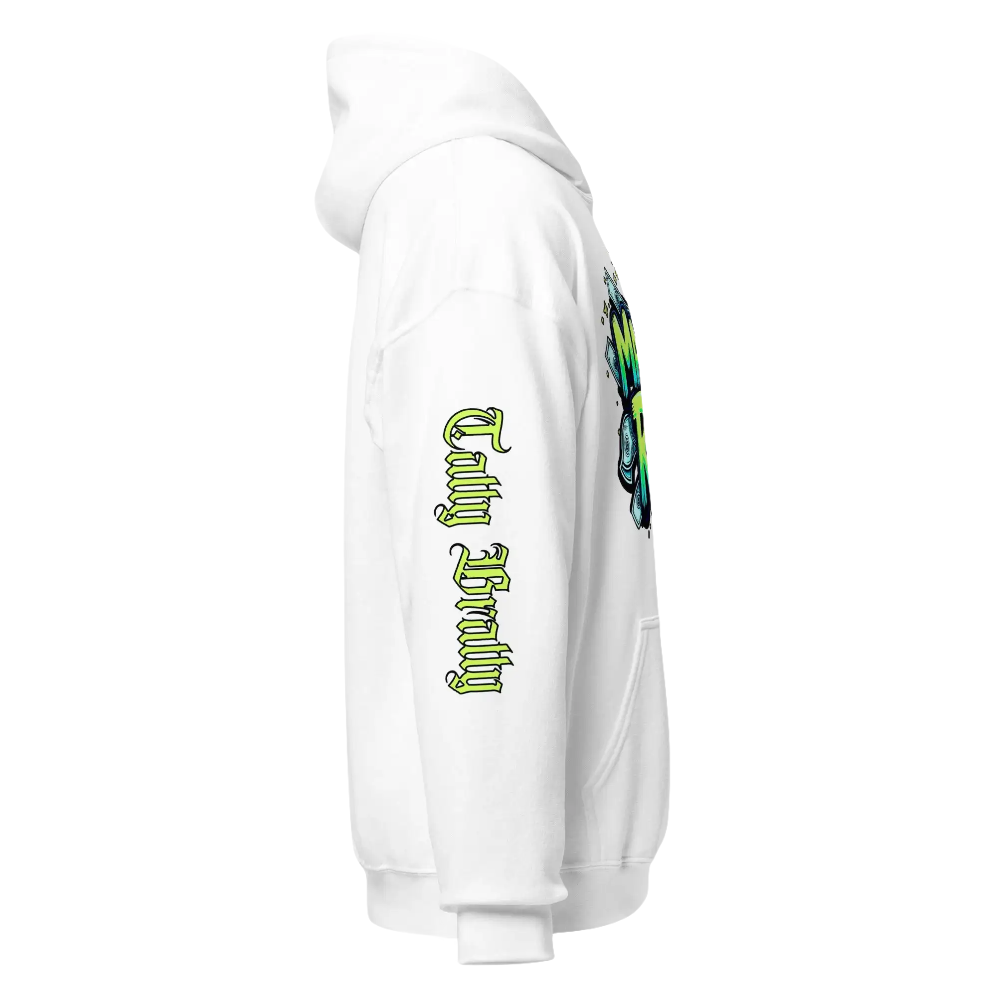 White hoodie with graphic.
