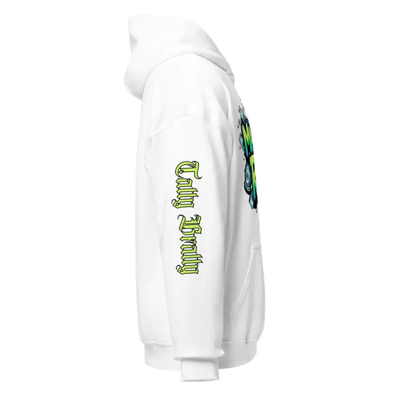 White hoodie with graphic.