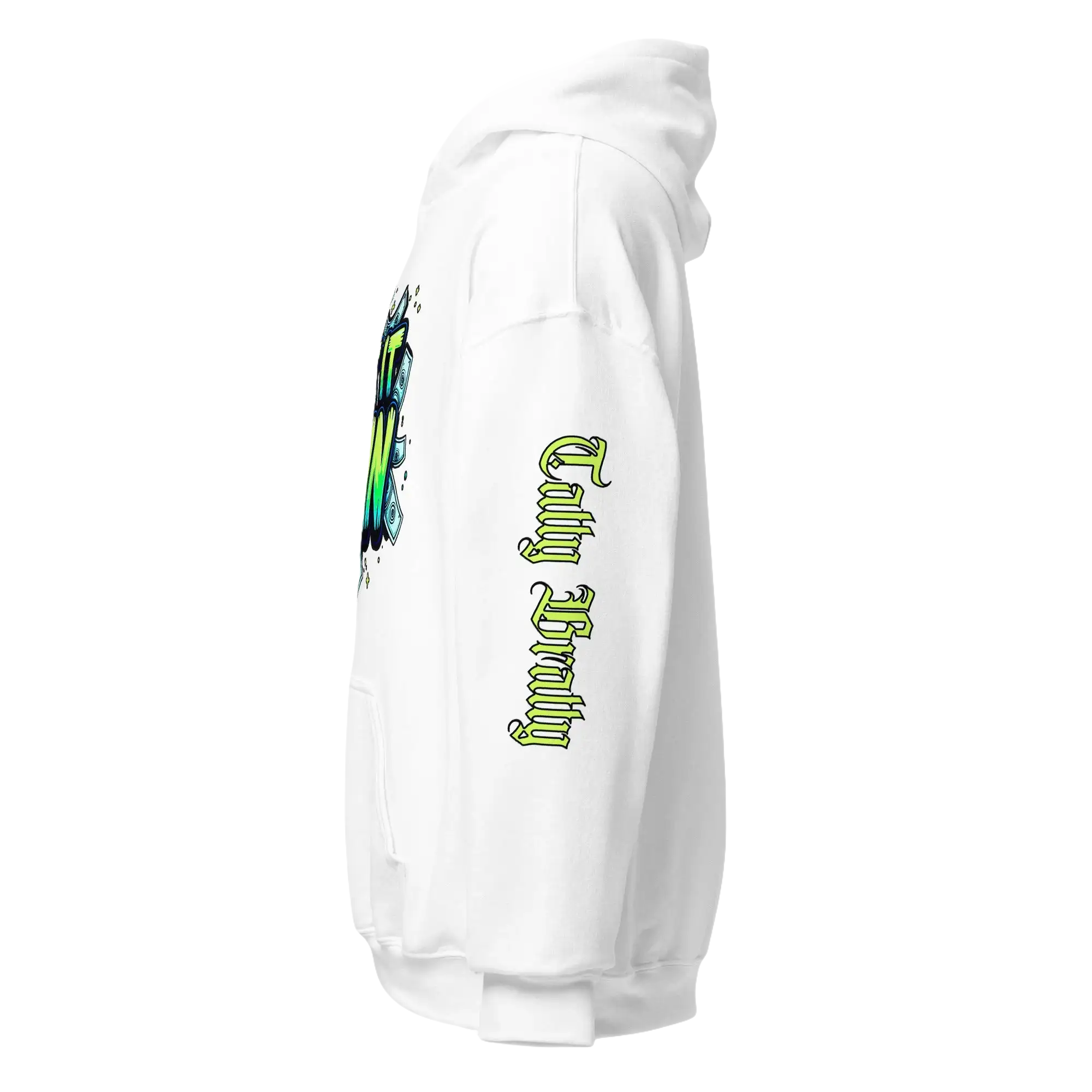 White hoodie with graphic designs.
