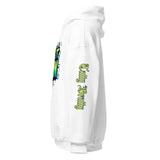 White hoodie with graphic designs.
