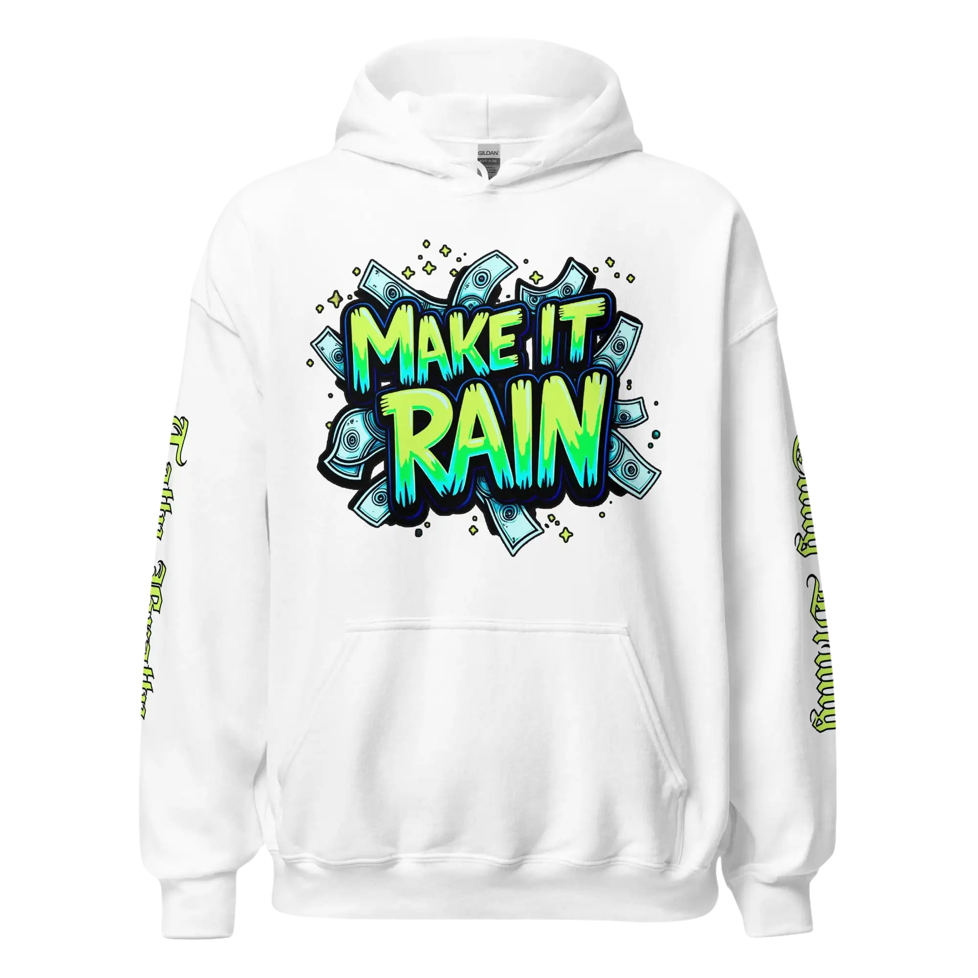 White hoodie with ’Make It Rain’ graphic.