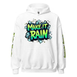 White hoodie with ’Make It Rain’ graphic.