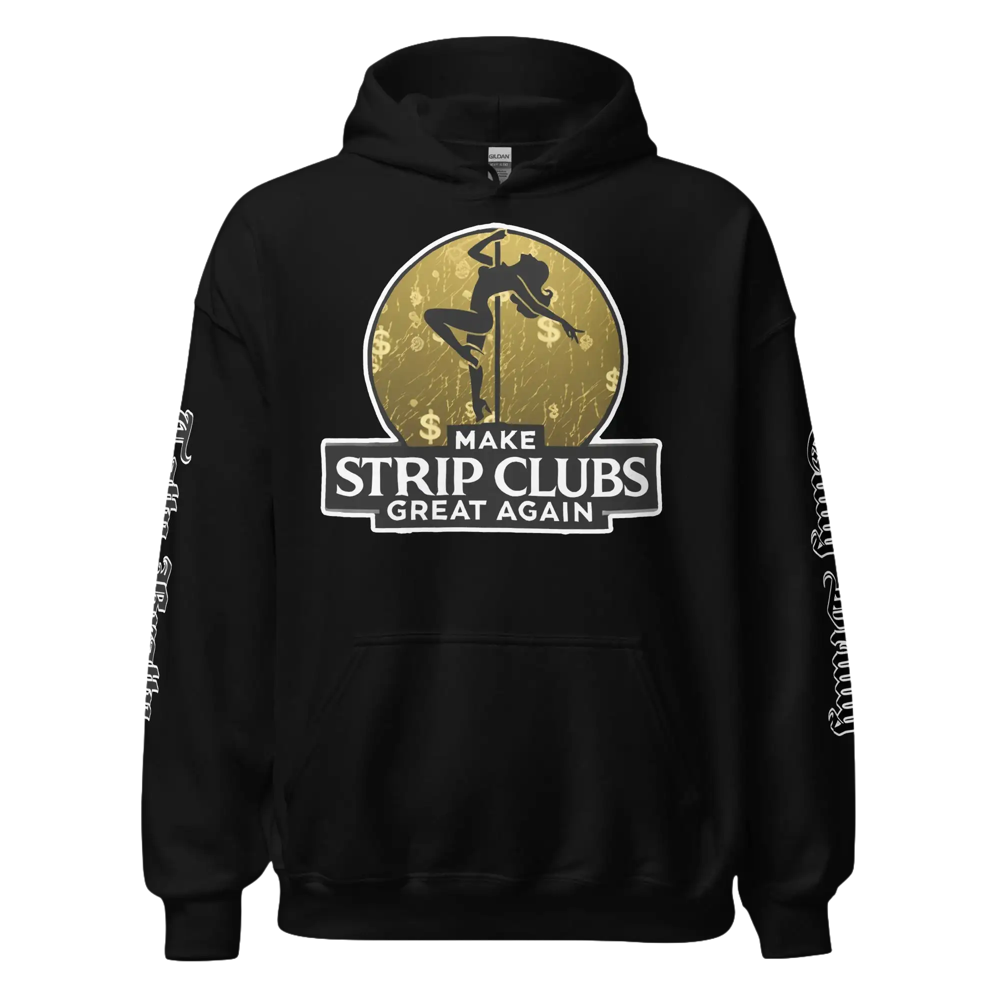 Black hoodie with provocative graphic.