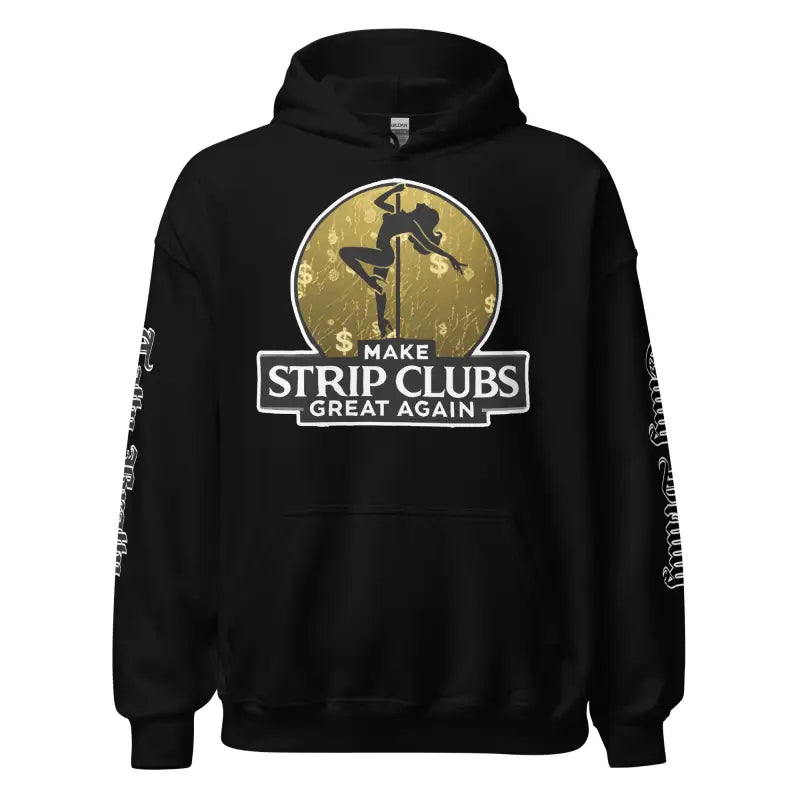 Black hoodie with provocative graphic.