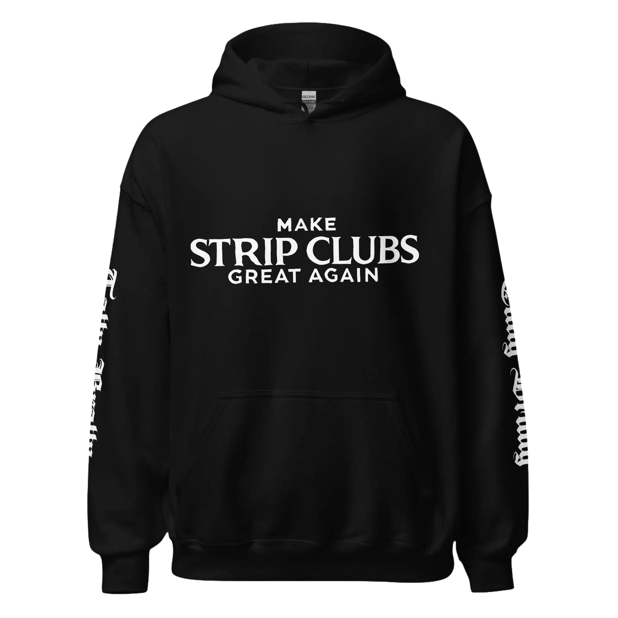 Black hoodie with white text.
