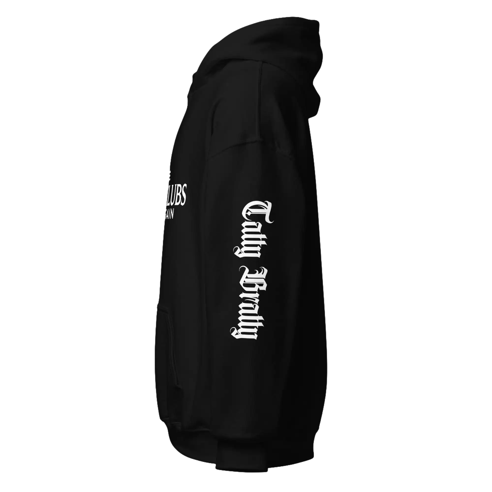 Black hoodie with white text.