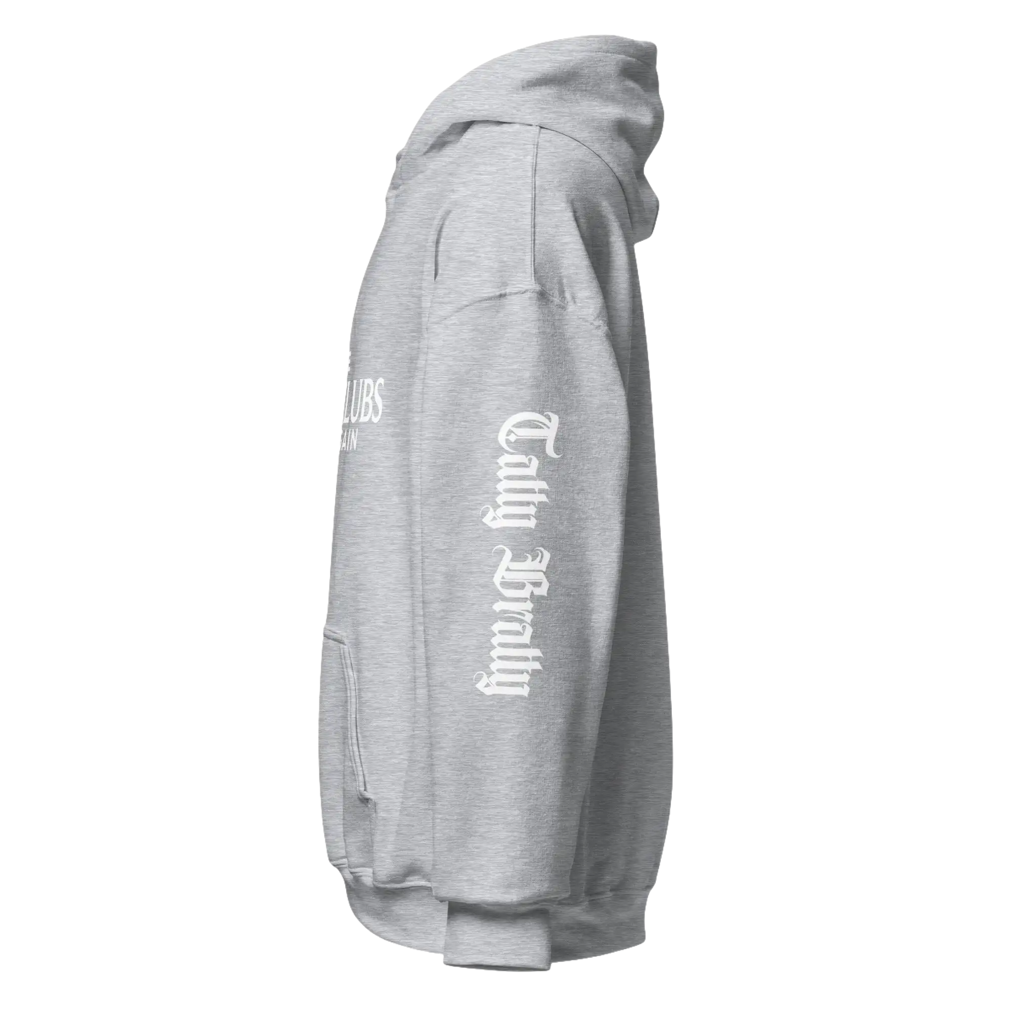 Gray hooded sweatshirt.