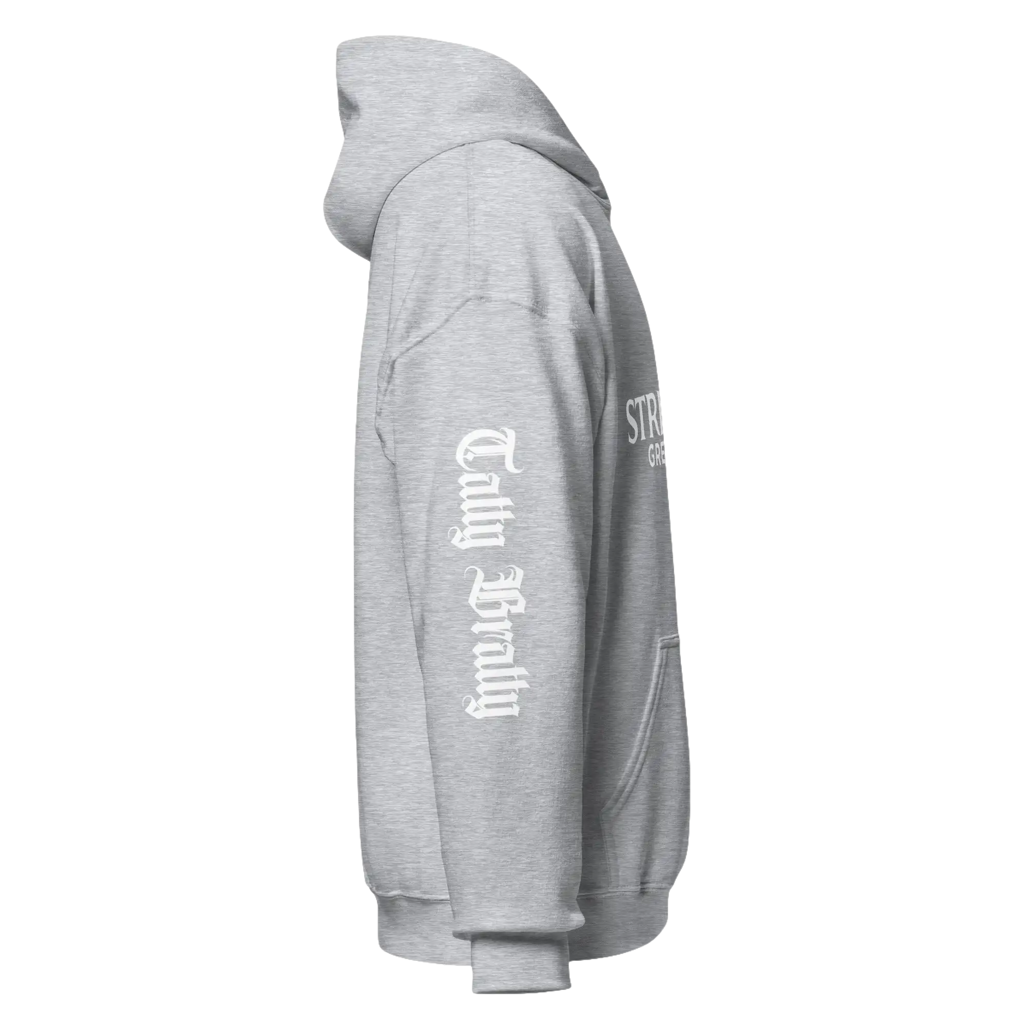 Gray hooded sweatshirt.