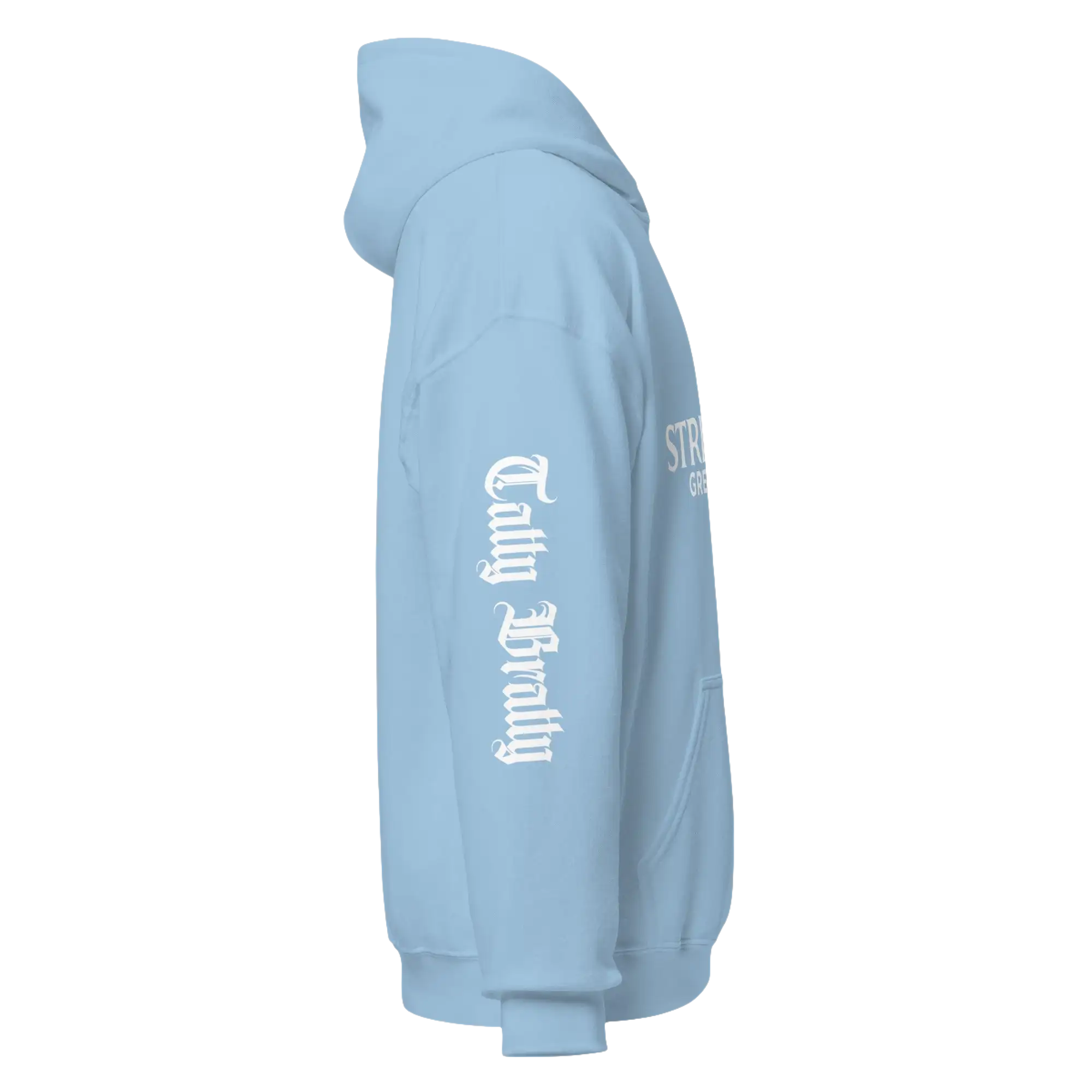 Light blue hoodie.