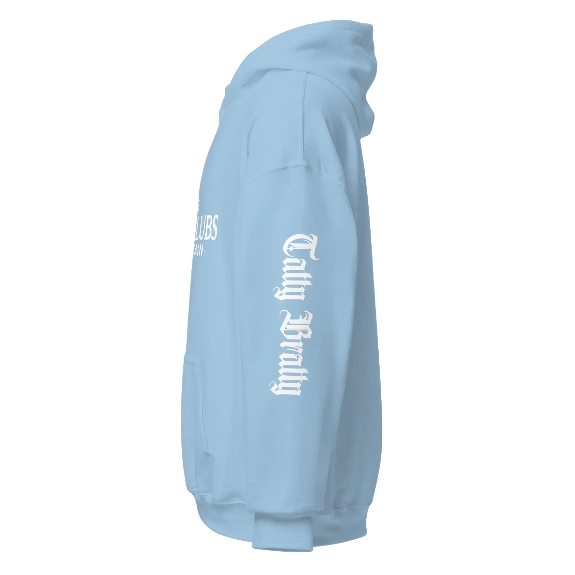 Light blue hooded sweatshirt.