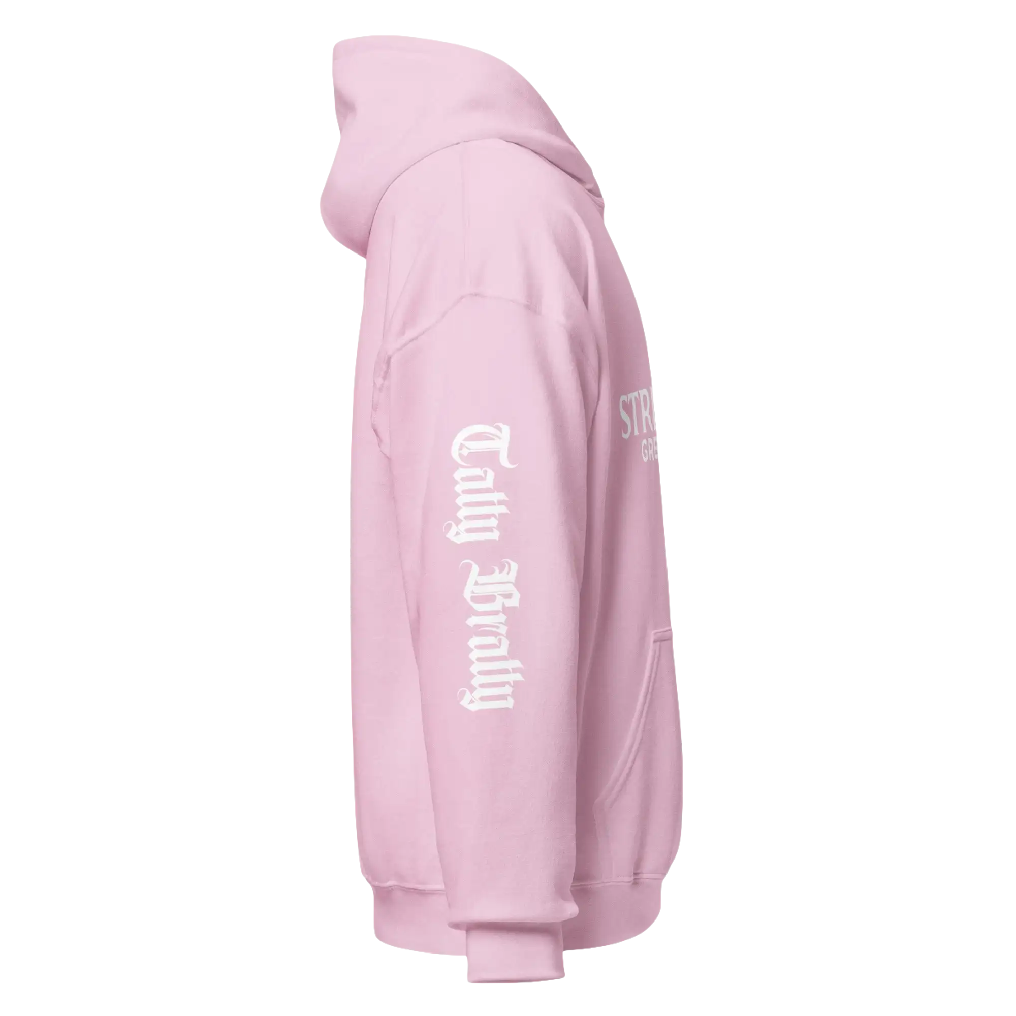 Pink hooded sweatshirt.