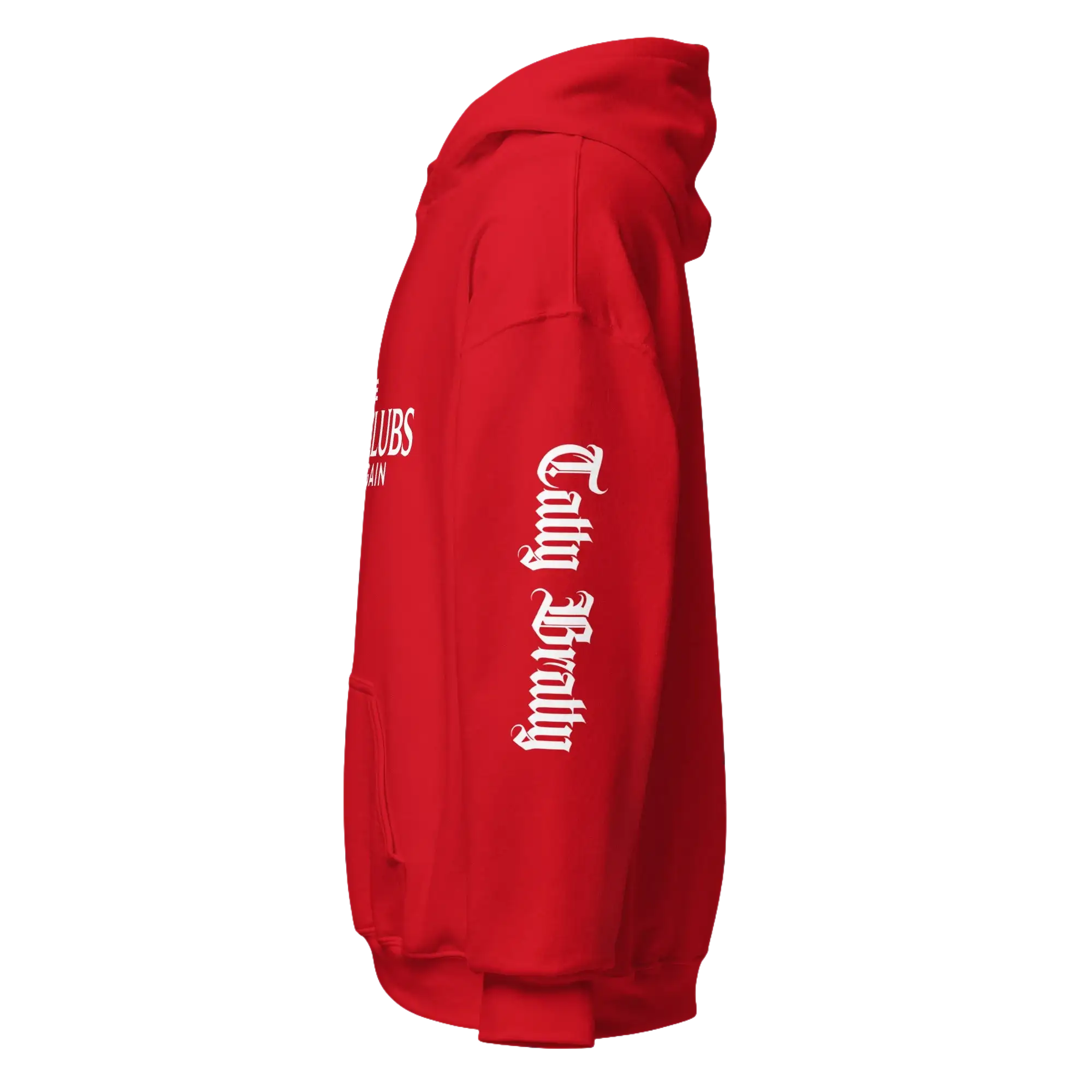 Red hooded sweatshirt.