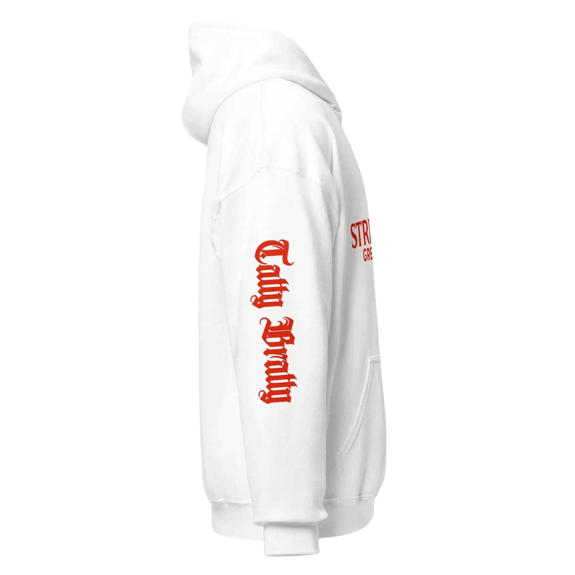 White hoodie with red lettering.