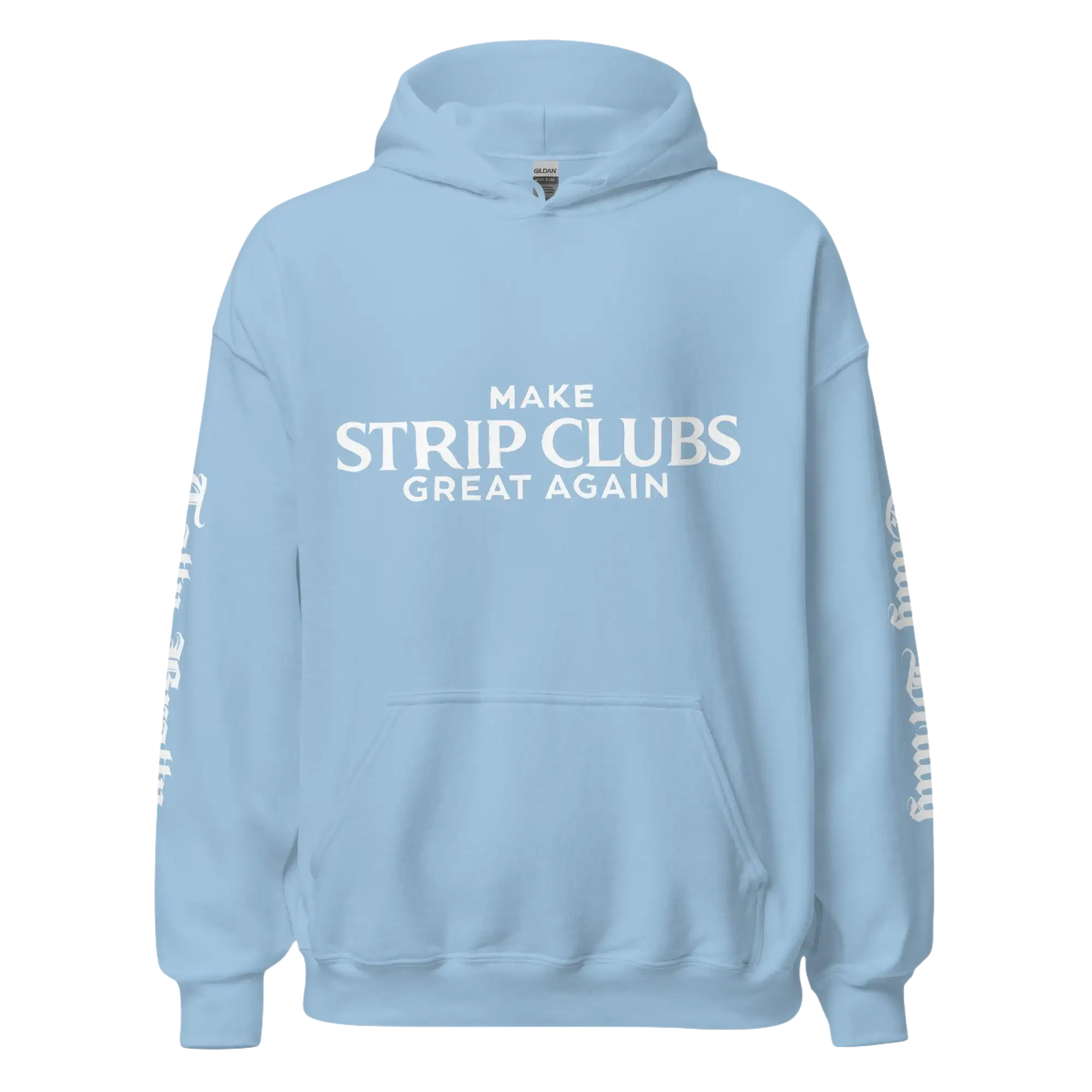 Light blue hoodie.