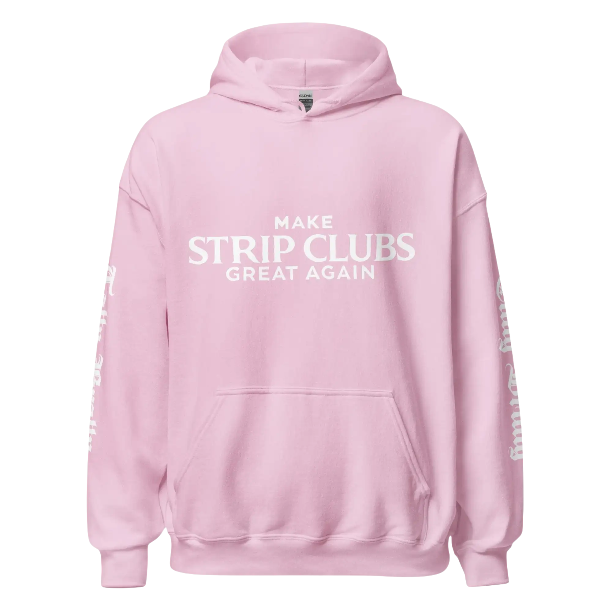 Pink hoodie with white text.