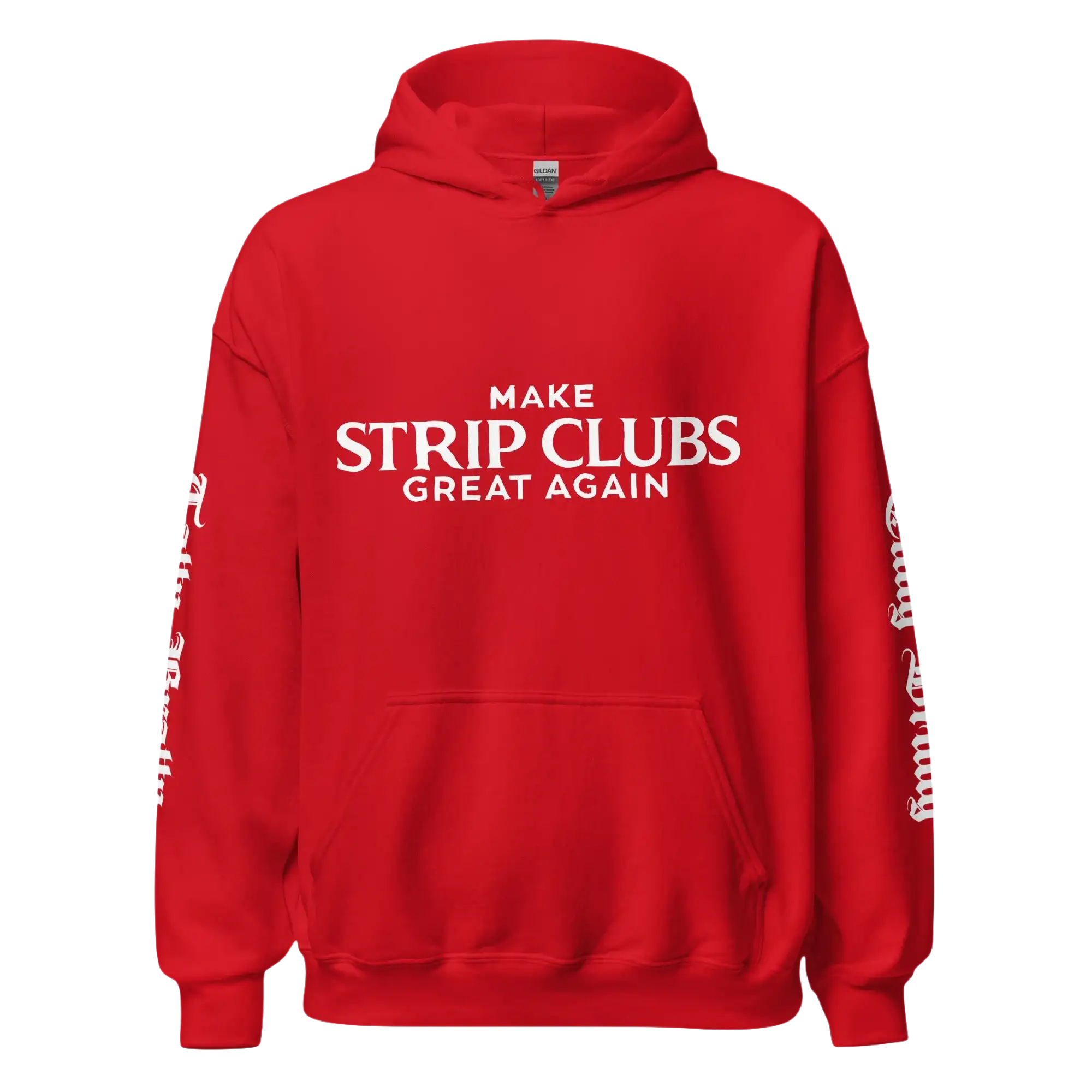 Red hoodie with white text.