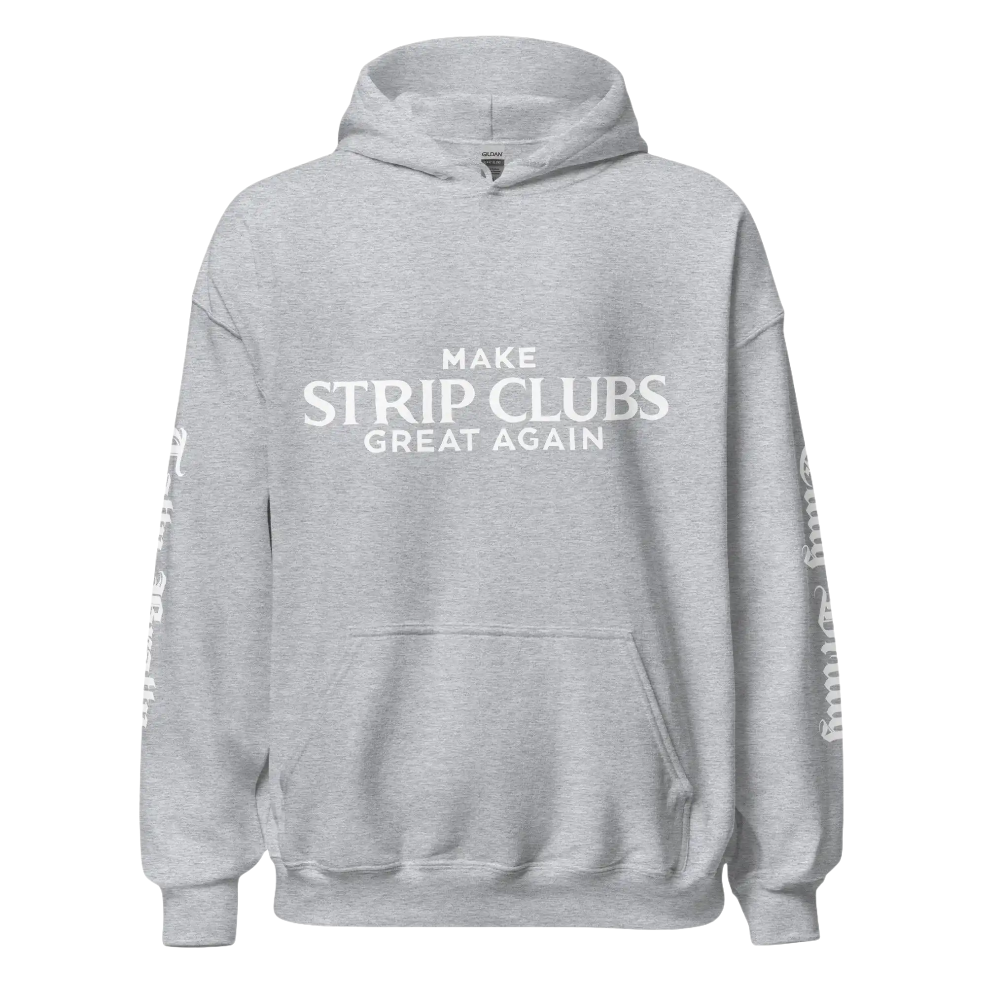 Gray hoodie with a slogan.