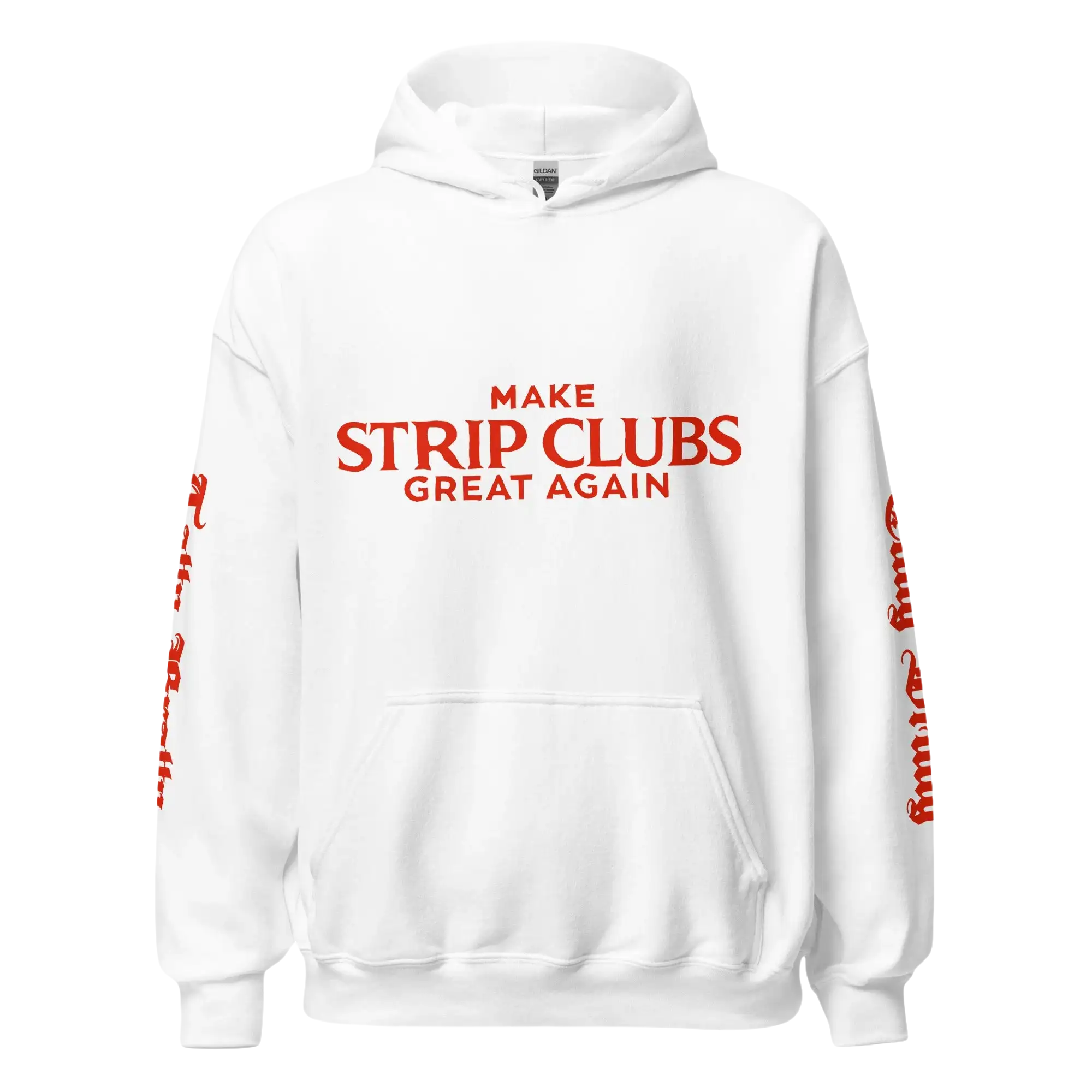 White hoodie with red text.