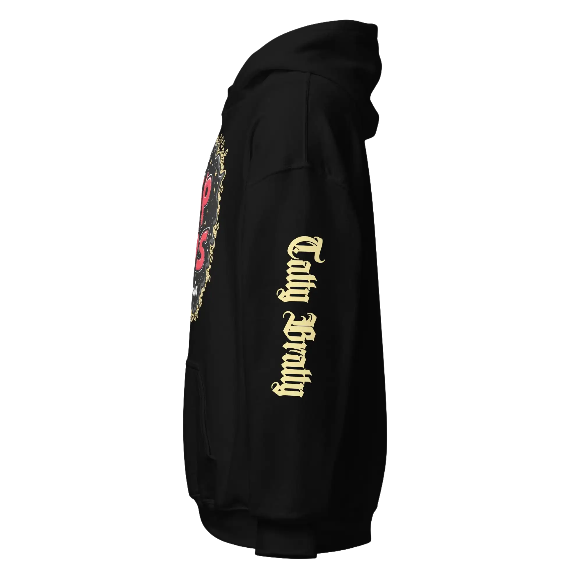 Black hoodie with graphic design.