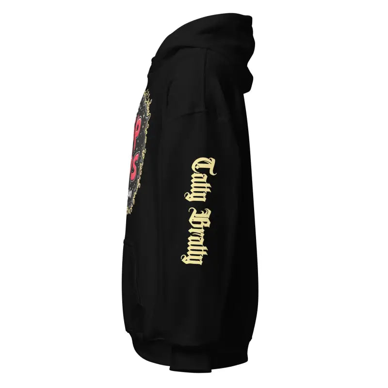 Black hoodie with graphic design.