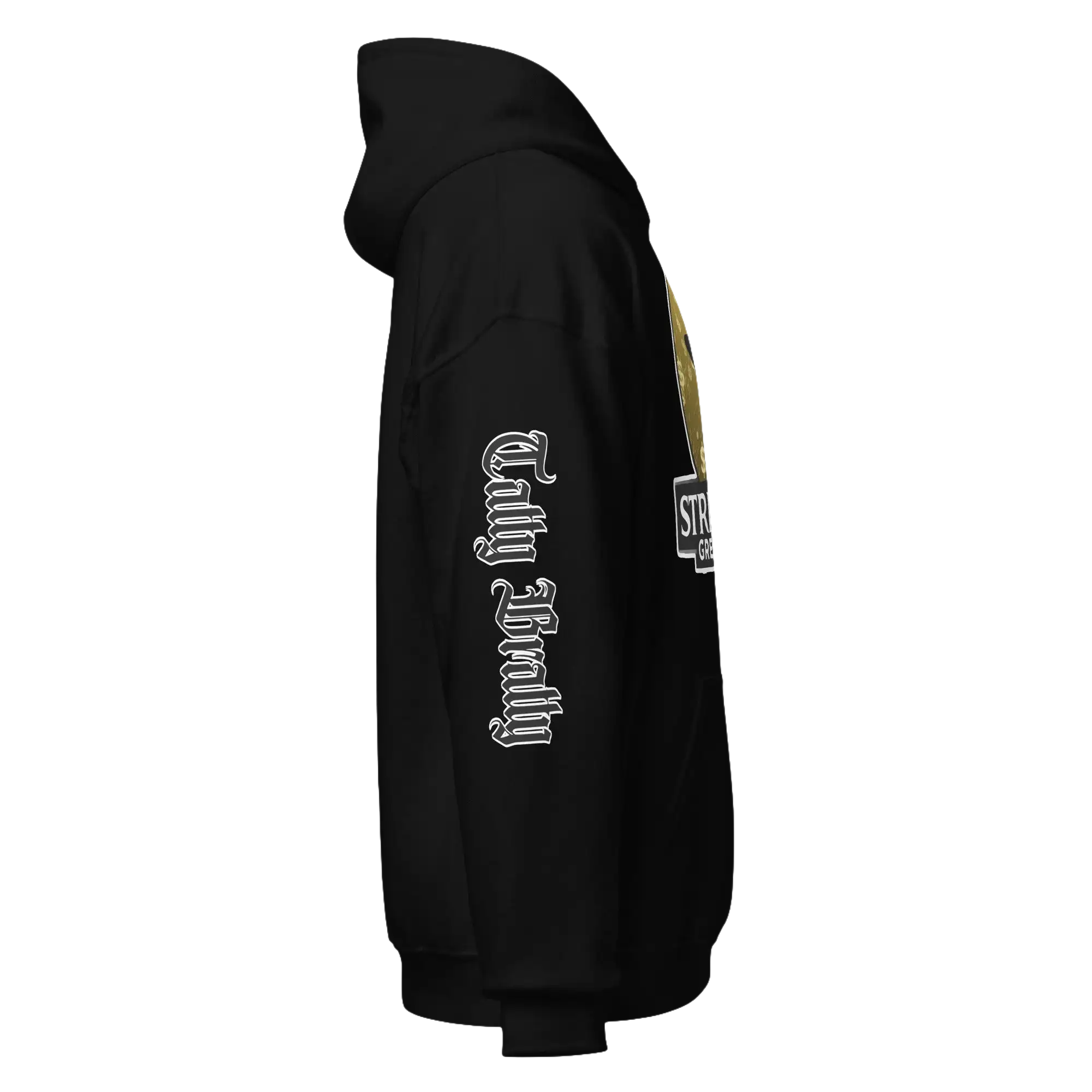 Black hooded sweatshirt.