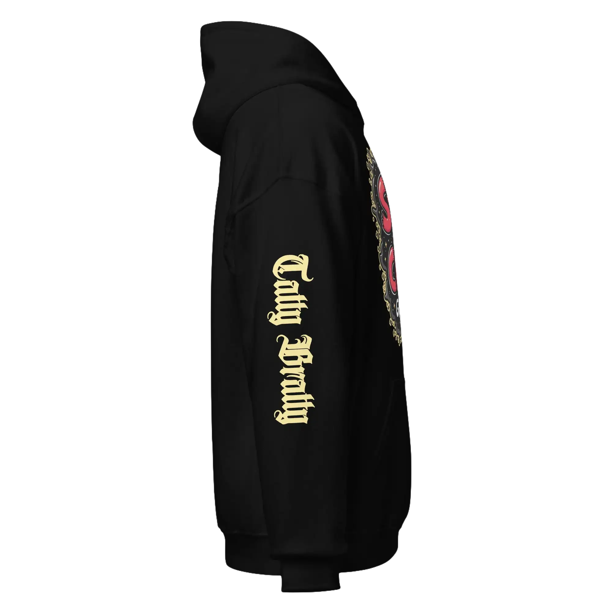 Black hoodie with sleeve text.