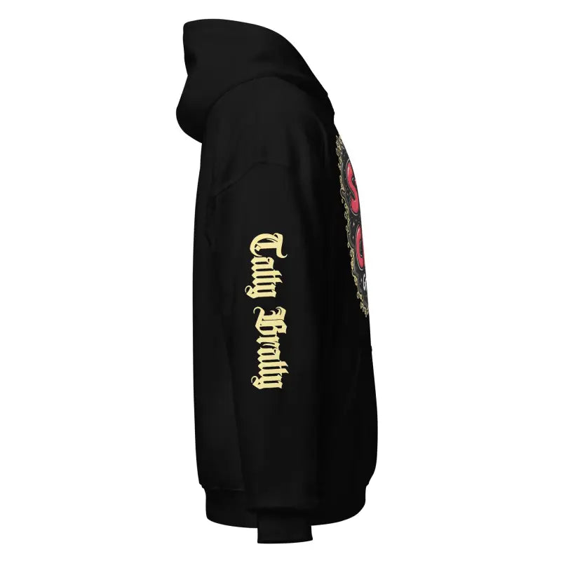 Black hoodie with sleeve text.