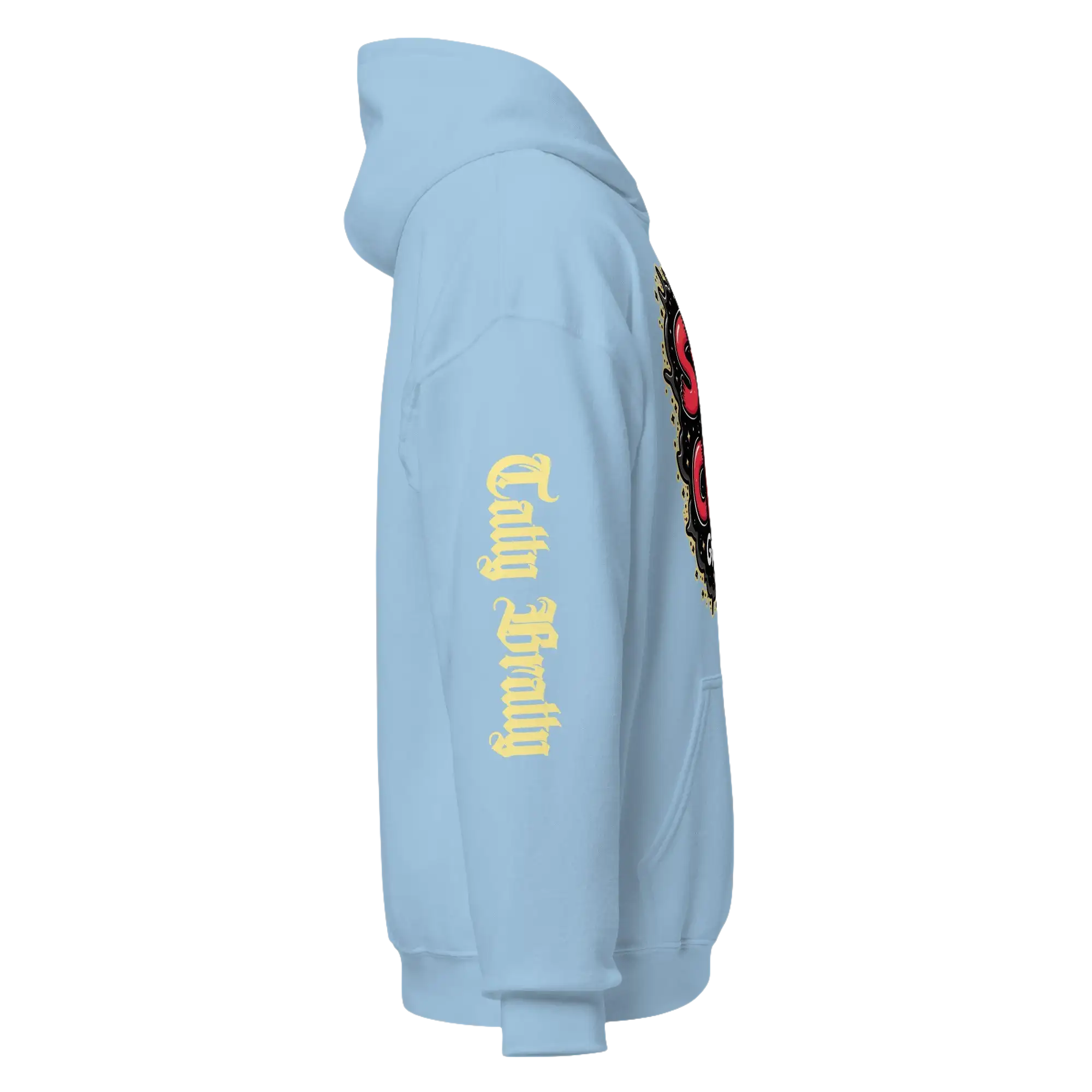 Light blue hoodie.