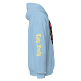 Light blue hoodie.