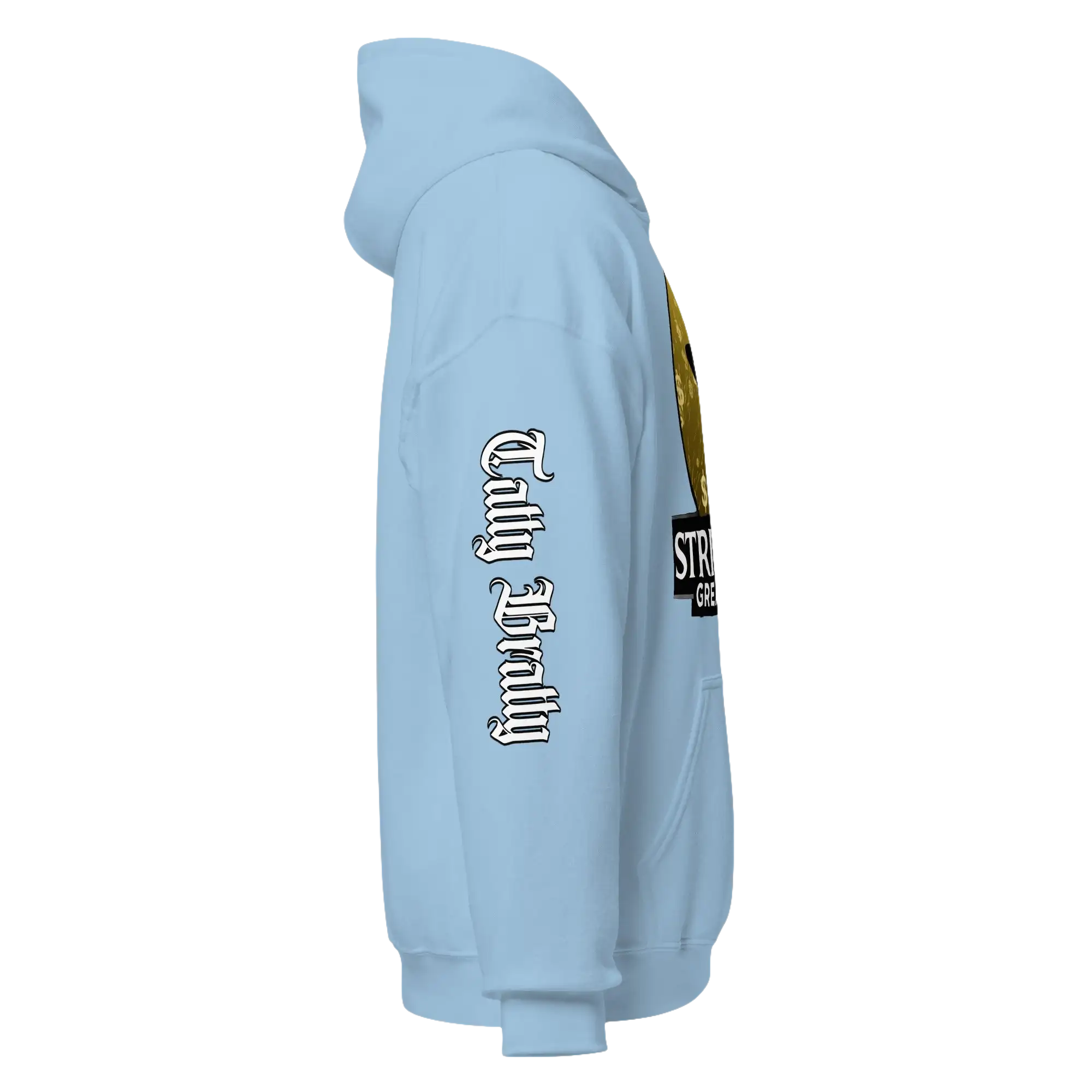 Light blue hoodie.