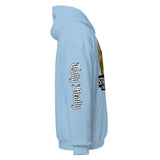 Light blue hoodie.
