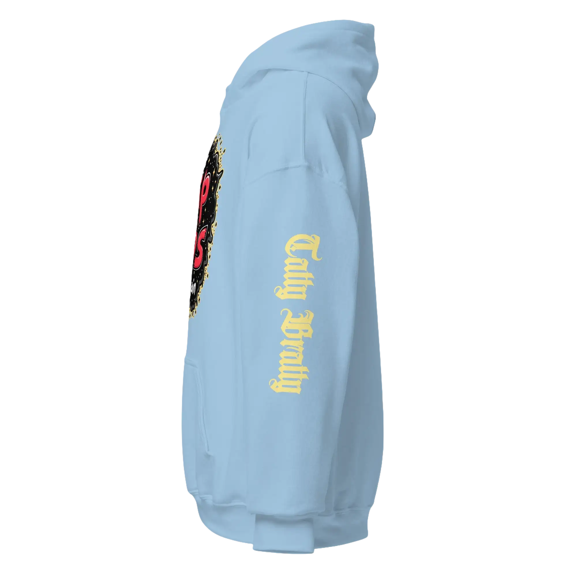 Light blue hooded sweatshirt.