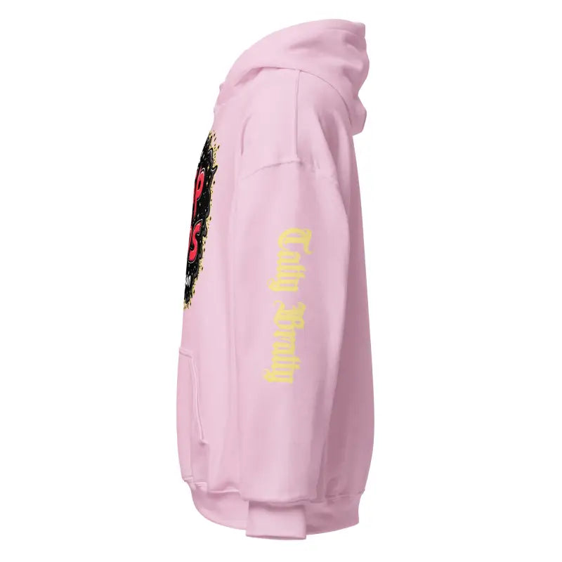 Pink hooded sweatshirt.