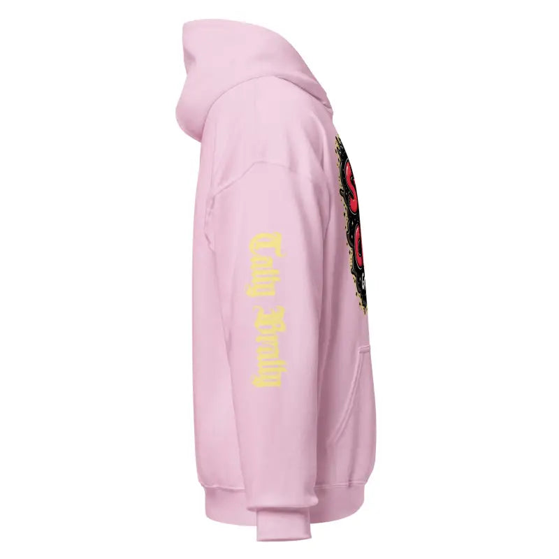 Pink hooded sweatshirt.