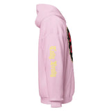 Pink hooded sweatshirt.