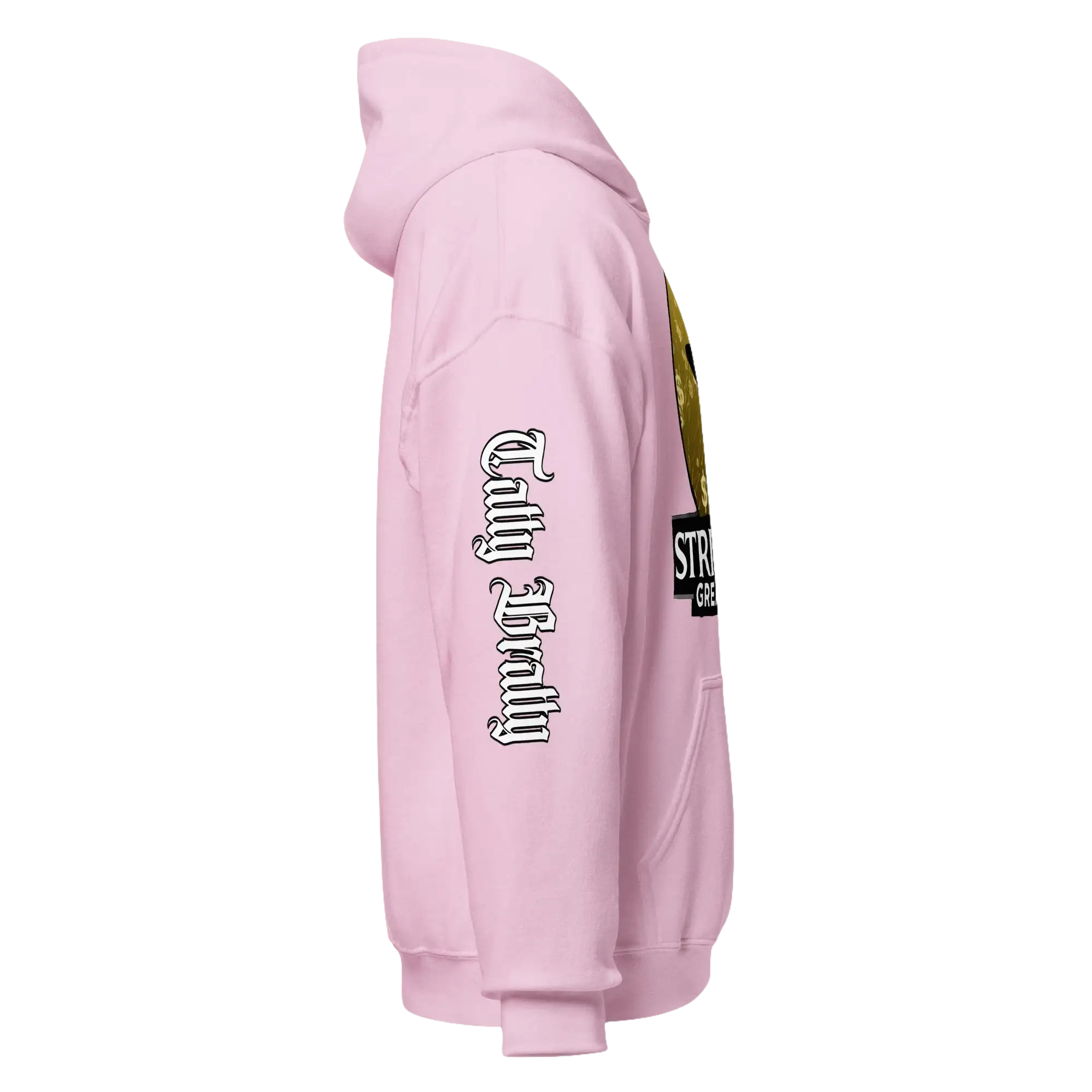 Pink hoodie with sleeve print.