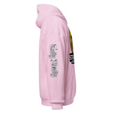 Pink hoodie with sleeve print.
