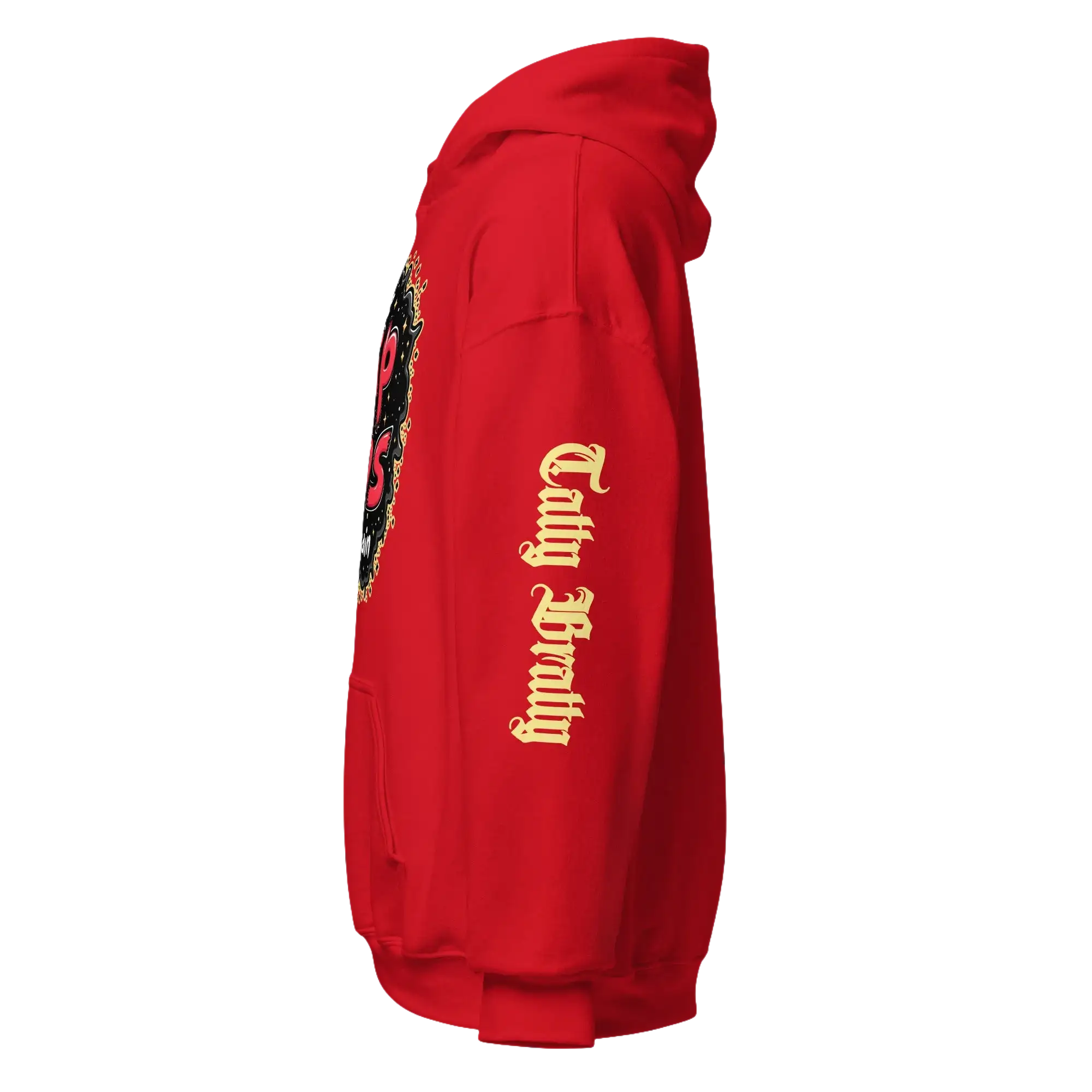 Red hoodie with gothic lettering.