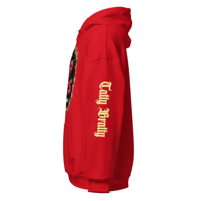 Red hoodie with gothic lettering.