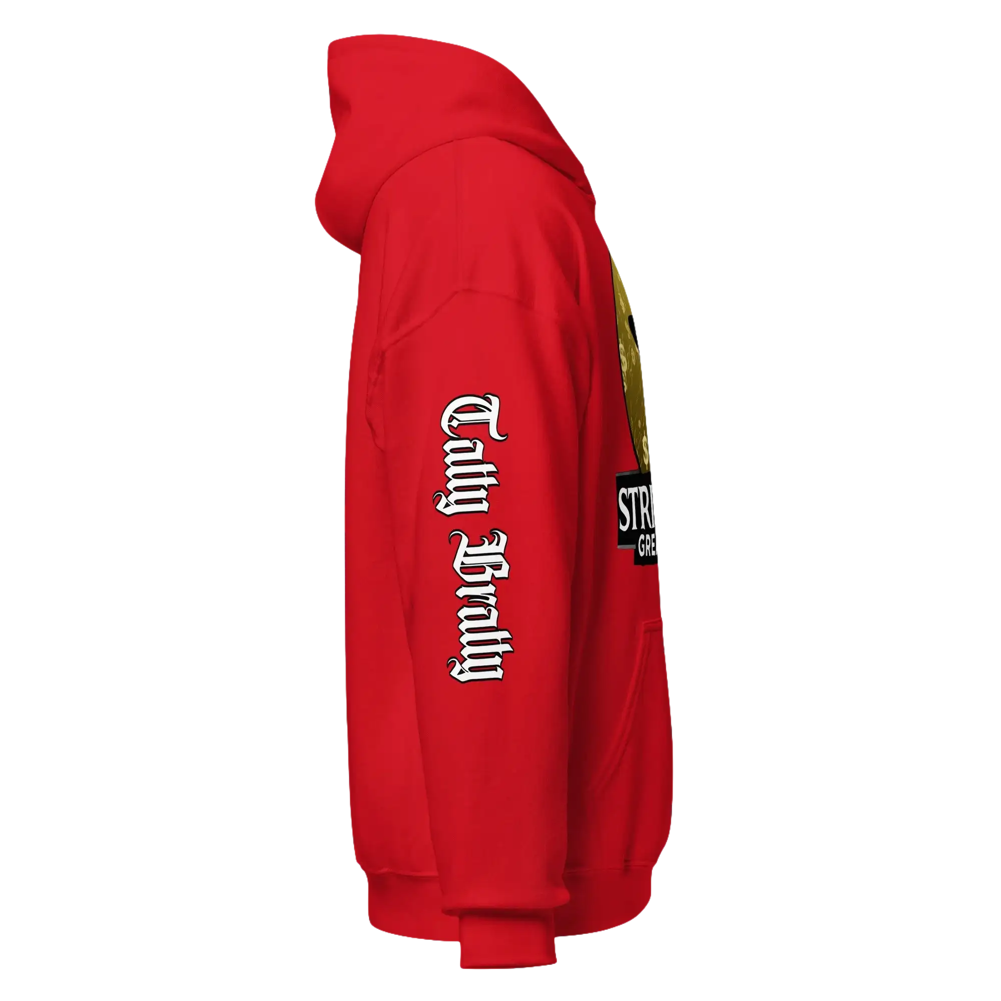 Red hooded sweatshirt.
