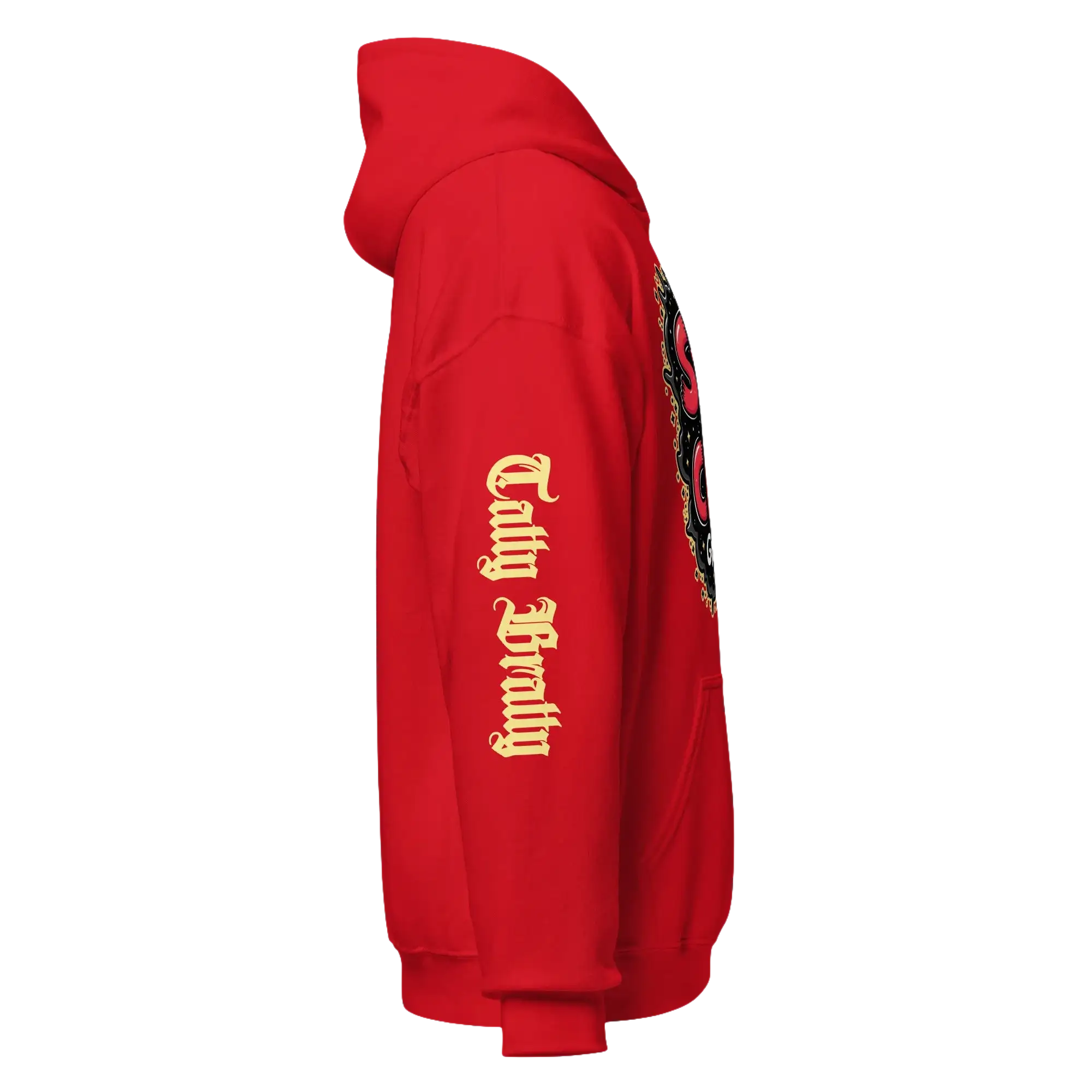 Red hoodie with sleeve text.
