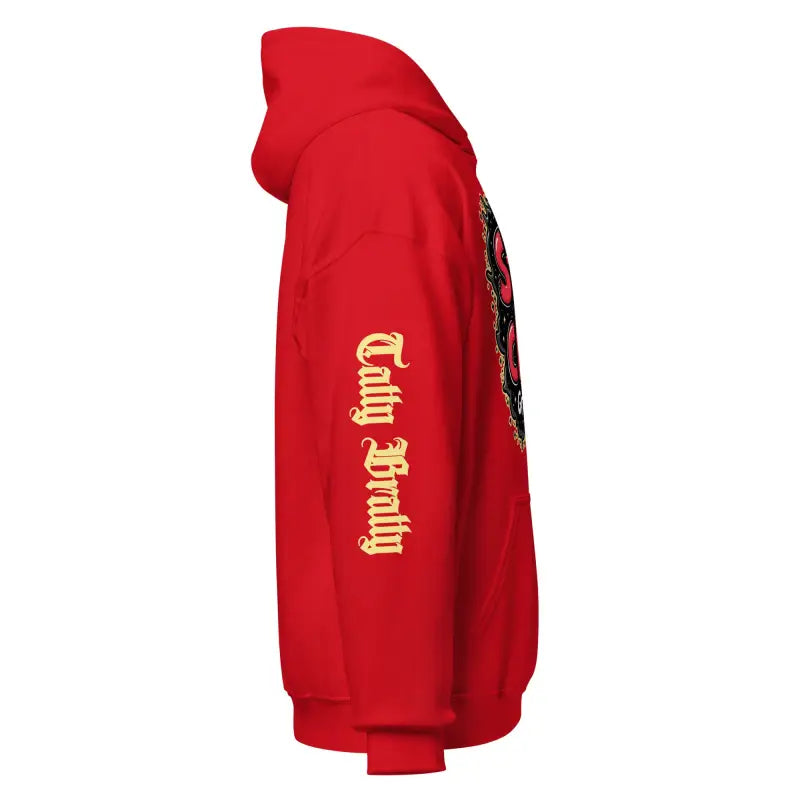Red hoodie with sleeve text.