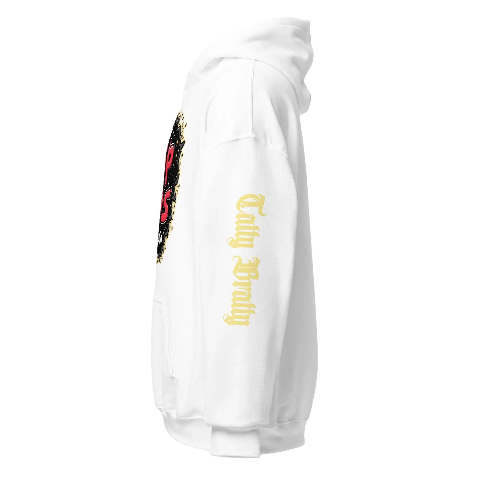 White hoodie with graphic designs.